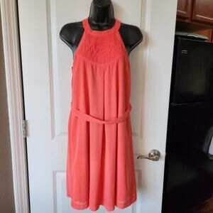 YA LOS ANGELES Coral Orange Silk Blend High-Neck Lined Mini Dress Womens Large L